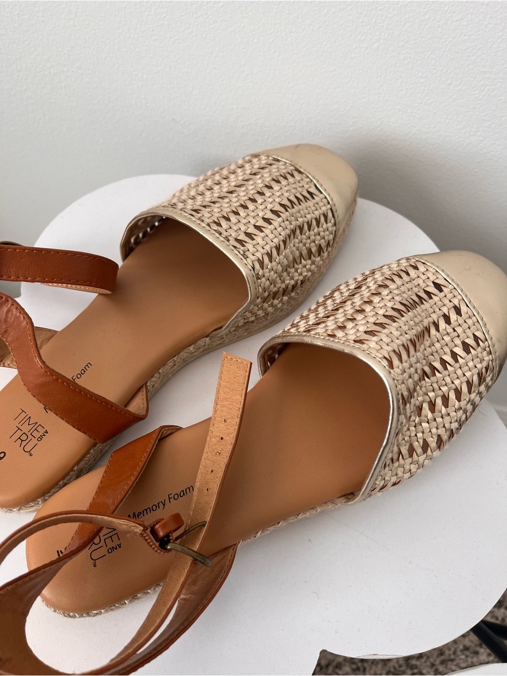 Time and Tru Tan Woven Espadrille Mules with Brown Ankle Straps